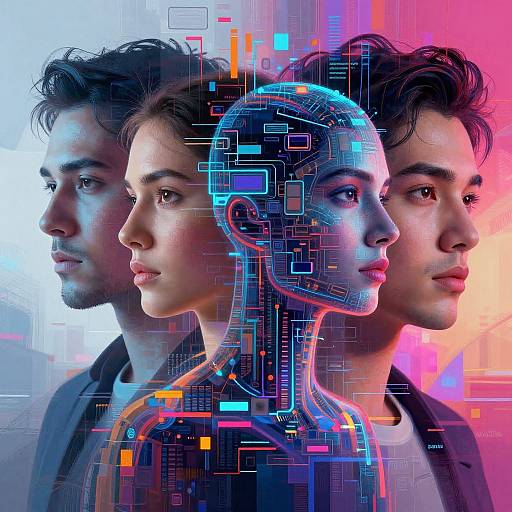 Digital art of three men in profile with a cybernetic woman in the center. Neon blue, pink, and white background with futuristic grid patterns overlay