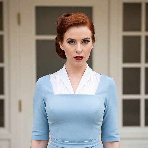 Digital artwork of a fair-skinned woman with red hair in a 1950s-style blue dress with white collar, standing in front of white pane