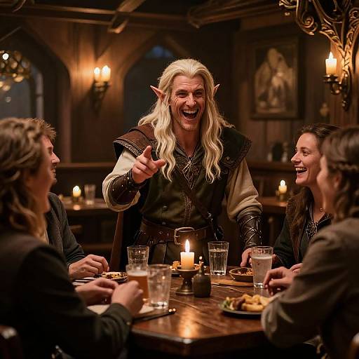 Photograph of a joyful, long-haired, elven man with pointed ears, gesturing at a laughing group of four medieval-dressed people around a