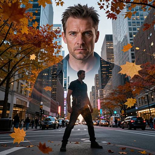 Photograph of a serious-looking man with short brown hair, wearing a black jacket over a white shirt, standing in a bustling urban street lined with autumn
