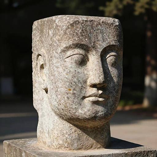 Photograph of a weathered, stone, abstract human head sculpture with smooth, carved facial features, set against a dark, blurred outdoor background.