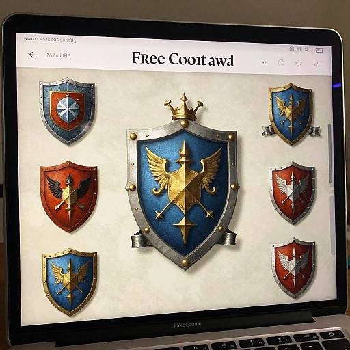 Photograph of MacBook screen displaying six colorful heraldic shields with blue and red backgrounds, golden eagles, and stars, labeled 