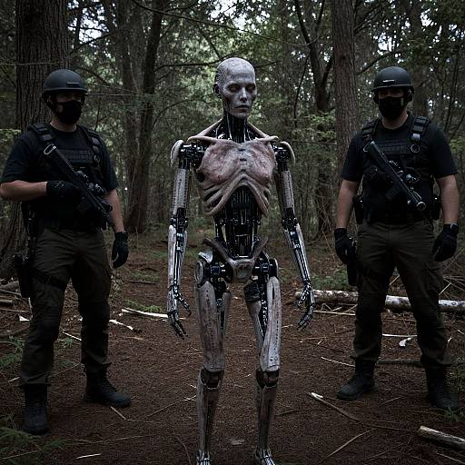 Photograph of two armed soldiers in black gear flanking a metallic, skeleton-like humanoid with exposed ribcage in a dark forest.