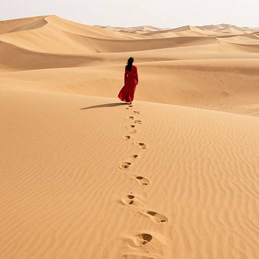 Photograph of a solitary woman in a red dress walking through vast, sunlit, rippled sand dunes, with footprints trailing behind.