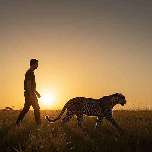 Photograph of a man walking beside a leopard at sunset in a grassy savanna, with the sun low on the horizon. Silhouetted
