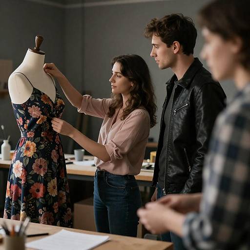Fashion Designer Adjusting Floral Dress in Workshop