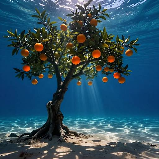 Photograph of an underwater orange tree with vibrant orange fruits, surrounded by blue water with sunlight beams and sandy bottom.