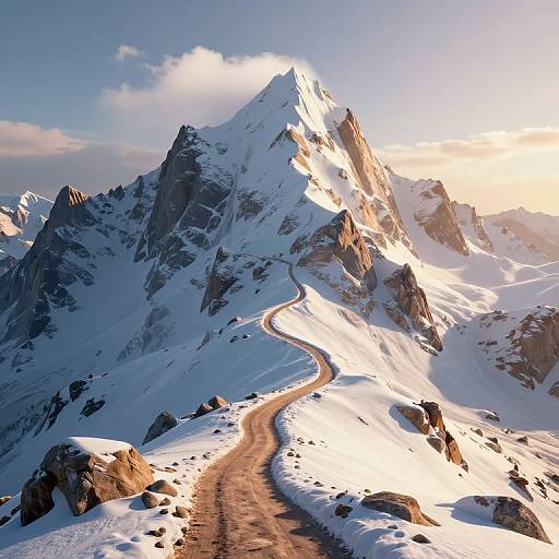 Photograph of a snow-covered mountain peak with a winding dirt path leading to the summit, sunlight illuminating the rugged landscape.