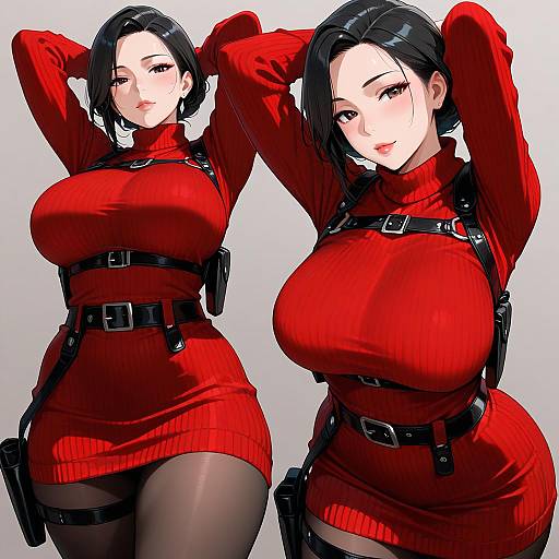 Anime-style digital drawing of a curvy woman with large breasts, black hair, wearing a red turtleneck dress, black belt, and holster,