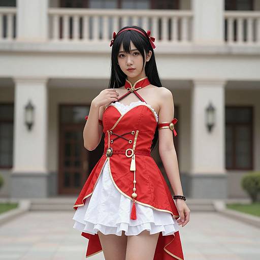 Photograph of an East Asian woman with long black hair, wearing a red and white cosplay dress, standing in front of a white building with a balcony
