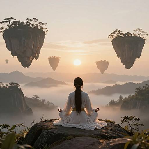 Photograph of a woman with long black hair in a white robe, sitting in meditation on a rock, facing a misty sunrise over floating islands with