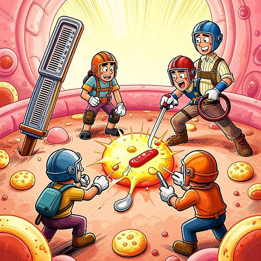 Colorful cartoon: Five helmeted kids with tools fight over a hot dog amidst a bubble-filled, pink, circular room with scattered cheese puffs.