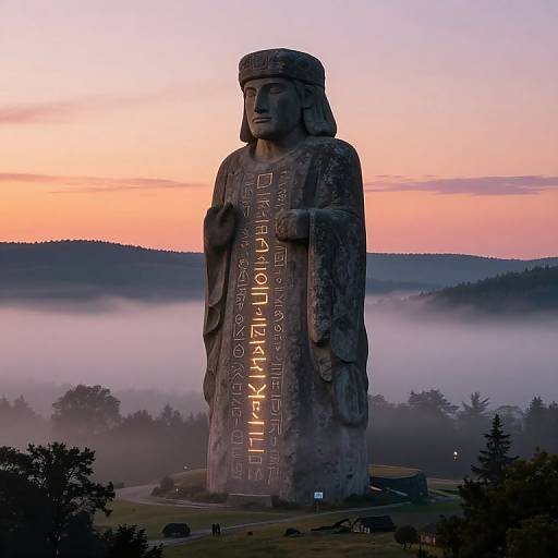 Photograph of a towering stone statue with a solemn face, illuminated text, and a headpiece, set against a misty sunrise landscape.