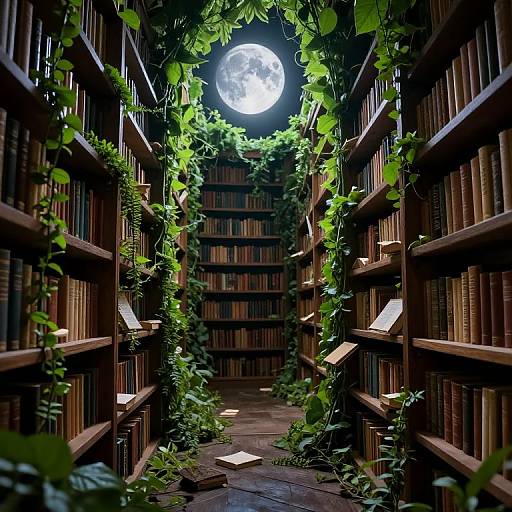 Photograph of a dimly lit, moonlit library aisle with lush green vines climbing wooden bookshelves, illuminated by a full moon at the end