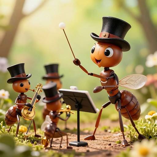 Photograph of three charming, brown, top-hatted ants playing a violin, a trumpet, and conducting music on a stand in a sunny, flower
