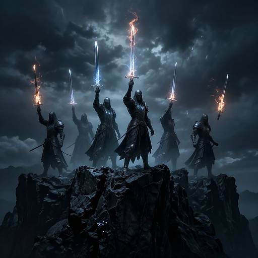 Digital art: Silhouetted, armored warriors on rocky cliff, holding glowing swords and torches, under a stormy, dark blue sky.
