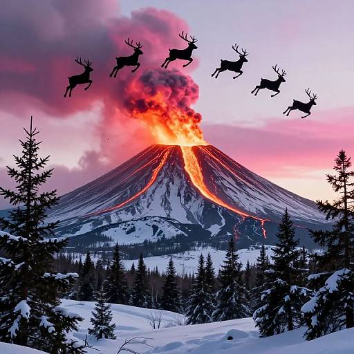 Photograph of a snow-covered volcanic mountain erupting with bright orange flames, silhouetted reindeer flying overhead, surrounded by dark evergreen trees
