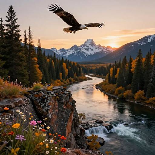 Photograph of a majestic eagle soaring above a river with a rocky waterfall, surrounded by colorful wildflowers and pine trees, with snow-capped mountains and