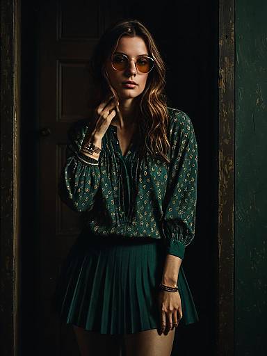 Bohemian Chic Woman in Patterned Blouse and Pleated Mini Skirt