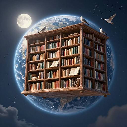 Digital illustration of a wooden bookshelf floating above Earth at night, illuminated by a full moon, with two white birds flying nearby.