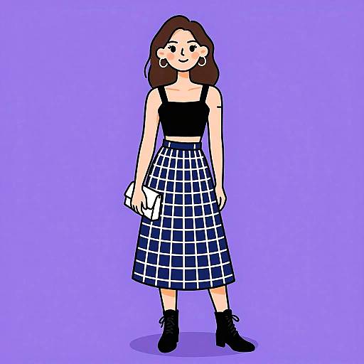 Digital drawing of a smiling woman with brown hair, wearing a black crop top, blue plaid skirt, black ankle boots, and holding a white clutch