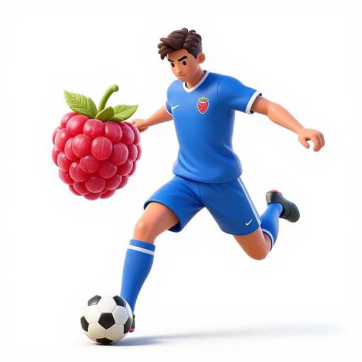 Digital illustration of a male soccer player in blue uniform, kicking a soccer ball while holding a large, detailed red raspberry.