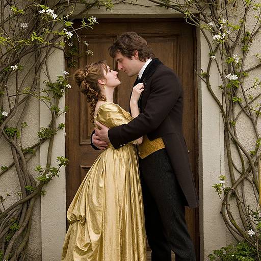 Photograph of a romantic couple in a golden dress and black tuxedo, kissing in front of a wooden door, surrounded by blooming vines.