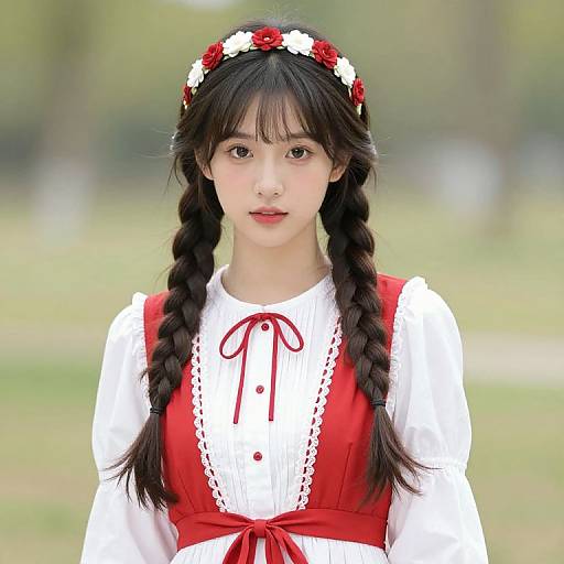 Young Asian woman with braided black hair, red and white traditional dress, floral headband, standing outdoors, blurred green background. Photorealistic photograph