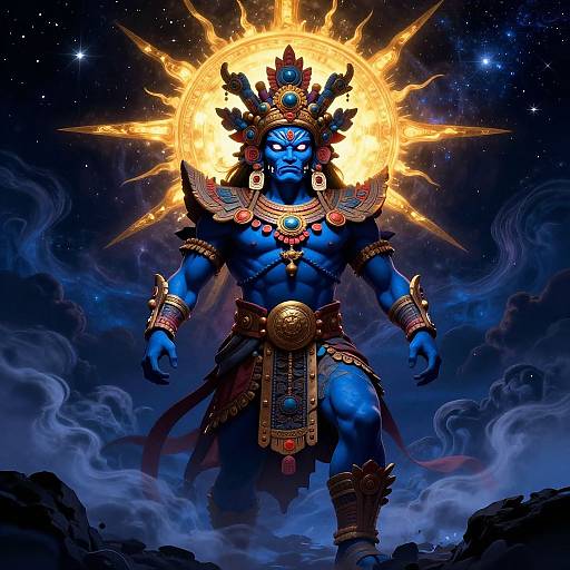 Digital artwork of a muscular, blue-skinned deity with glowing sun halo, adorned with gold and red jewelry, standing on rocky terrain under a starry