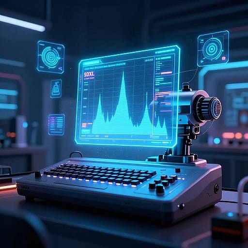 Photorealistic CGI of a futuristic control station with a glowing blue graph on a monitor, illuminated keyboard, and floating holographic interfaces in a dimly