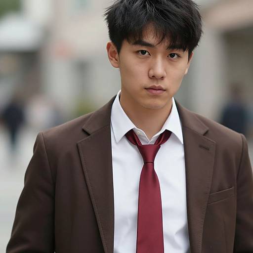 Photograph of an East Asian man with black hair, wearing a brown suit, white shirt, and maroon tie, standing outdoors with a blurred urban