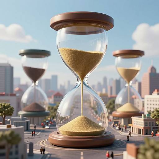 Digital art of giant hourglasses in a cityscape, with tiny people walking below, bright blue sky, and blurred skyscrapers in the background
