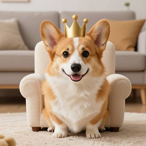 Photograph of a cute, fluffy, orange-and-white Corgi sitting on a beige armchair with a gold crown on its head, smiling with