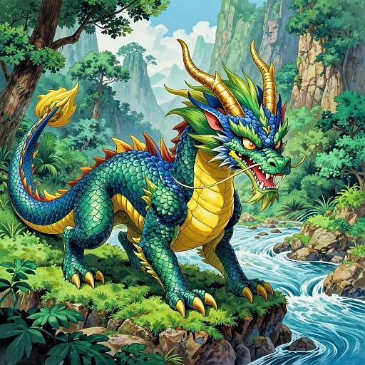 Vibrant Mythical Dragon in Fantasy Landscape