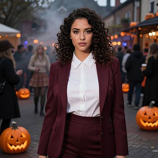 Confident Woman in Maroon Halloween Costume