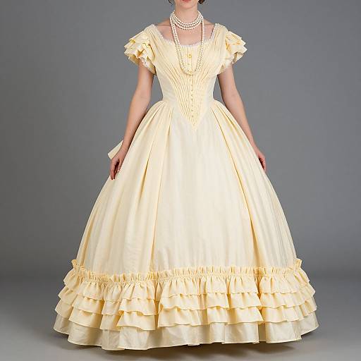 Photograph of a woman in a vintage-style, cream-colored, full-skirted dress with ruffled layers, pearl necklace, and short puffed