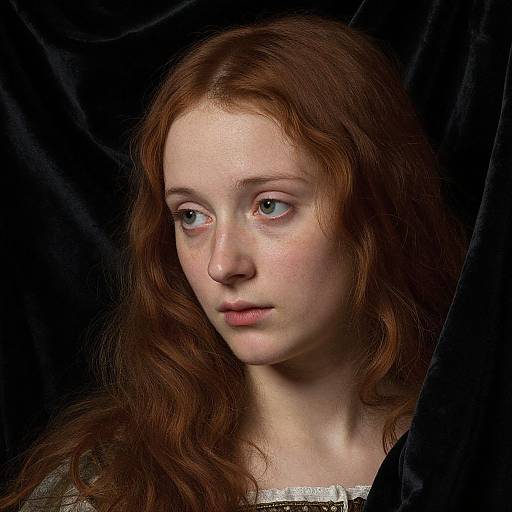 Photorealistic portrait of a fair-skinned, red-haired young woman with wavy hair, blue eyes, and a neutral expression, set against a