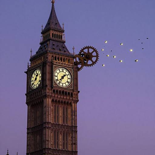 Photograph of the Big Ben clock tower at twilight, with gears and stars emerging from its right side against a purple sky.