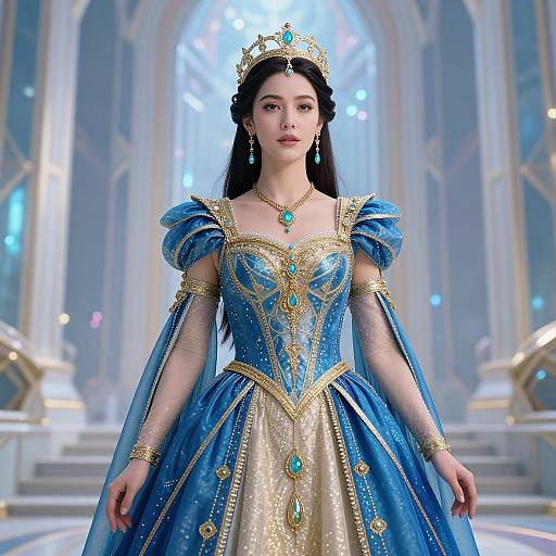 Digital artwork of an Asian princess in a blue and gold gown with puffed sleeves, tiara, and turquoise jewels, standing in a grand, illuminated