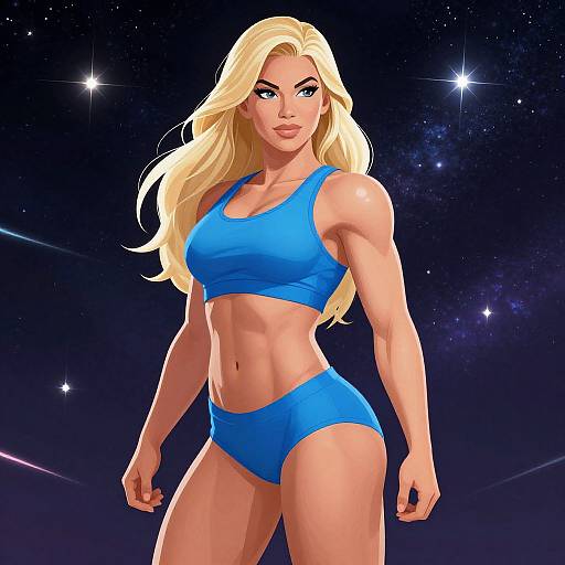 Digital illustration of a muscular, blonde woman with blue eyes, wearing a blue sports bra and shorts, standing confidently against a starry night sky.