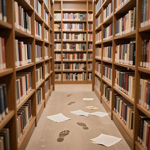 Photograph of a narrow library aisle with wooden bookshelves on both sides, books of various colors, footprints on the floor, and scattered papers