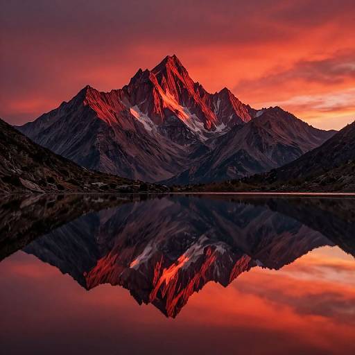 Photograph of a rugged mountain range with glowing red and orange sunset hues, mirrored perfectly in a calm reflective lake.