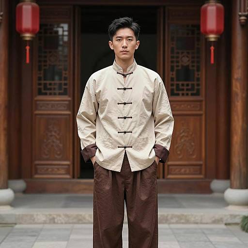 Asian Man in Traditional Chinese Clothing in Courtyard