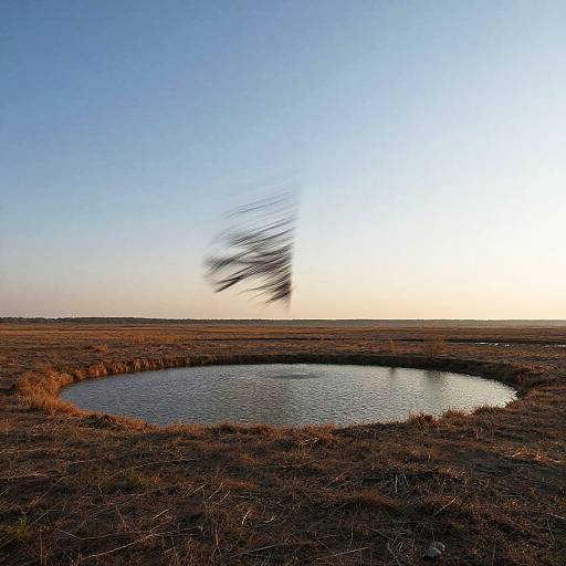 Photograph of a serene wetland at sunset, featuring a small, circular pond surrounded by dry grass, with a blurred, motion-tracked tree in