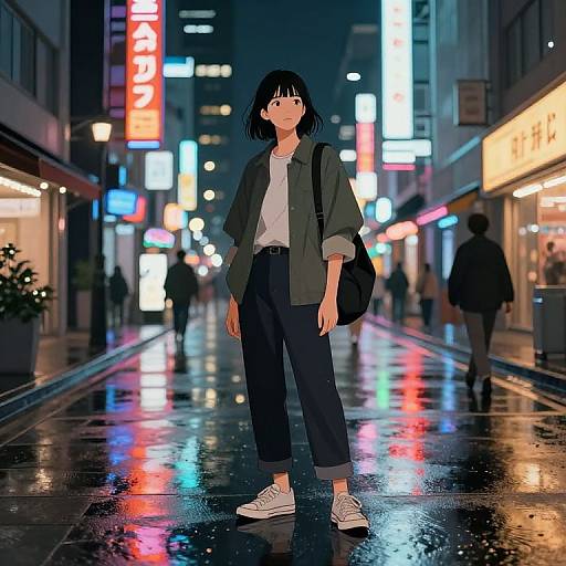 Anime-style digital drawing of a young woman with short black hair, wearing a green jacket, white shirt, black pants, and white sneakers, standing in