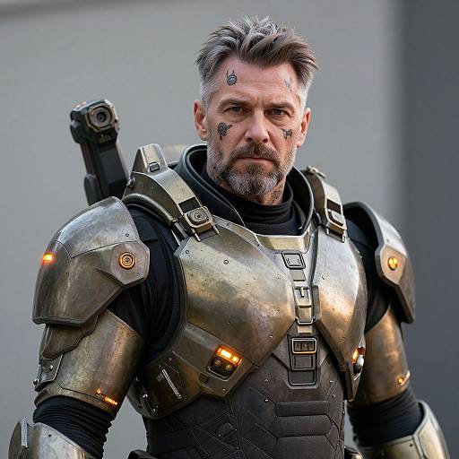 Photograph of a rugged, bearded man with gray hair in metallic, armored suit with glowing orange accents and tactical gear, standing against a gray background