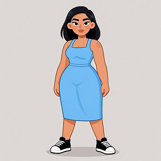 Digital cartoon of a curvy woman with dark hair, wearing a light blue sleeveless dress and black-white sneakers, standing confidently against a white background.