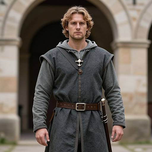 Photograph of a handsome, blond, blue-eyed man in medieval-style gray woolen tunic with brown belt, standing in front of a stone ar