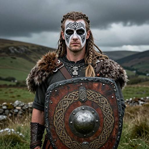 Photograph of a Viking warrior with white face paint, braided hair, fur cape, and detailed shield, standing in a cloudy, mountainous landscape