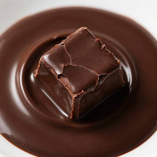 Photograph of a dark chocolate cube with cracked edges, centered on a glossy chocolate plate, against a white background.